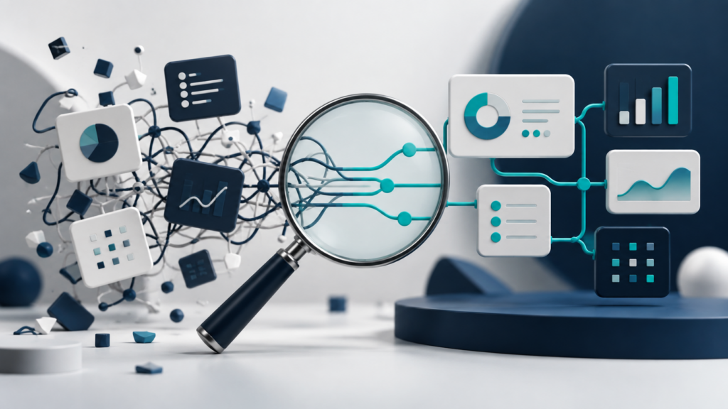 Magnifying glass revealing clear connections between fragmented digital marketing data and organised performance dashboards.