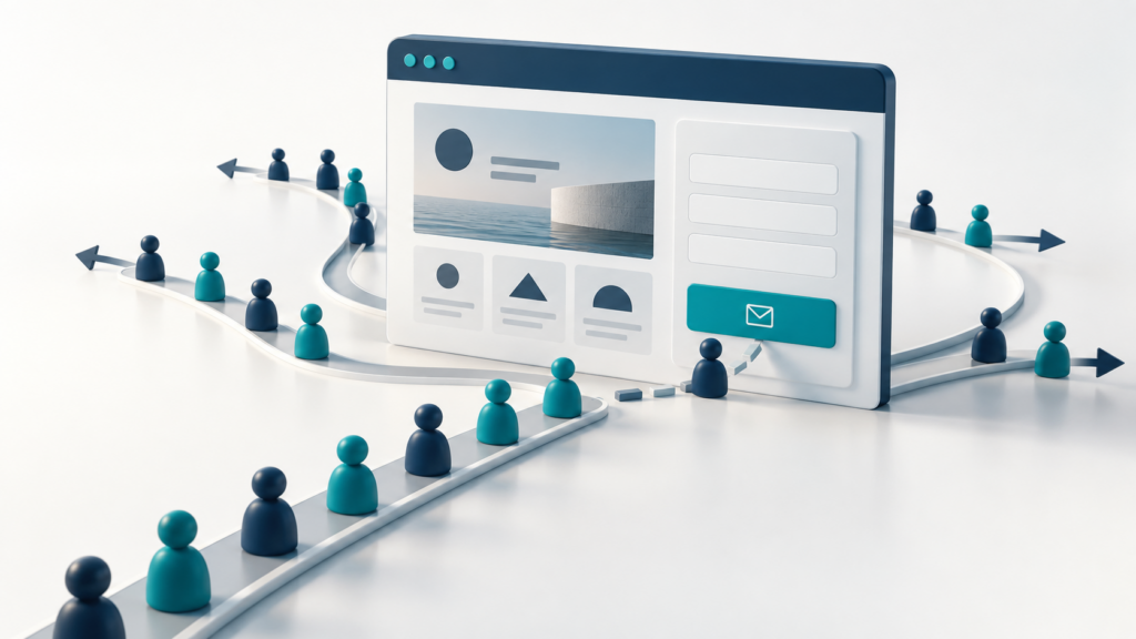 Illustration of website visitors following paths away from a website before completing its enquiry form.