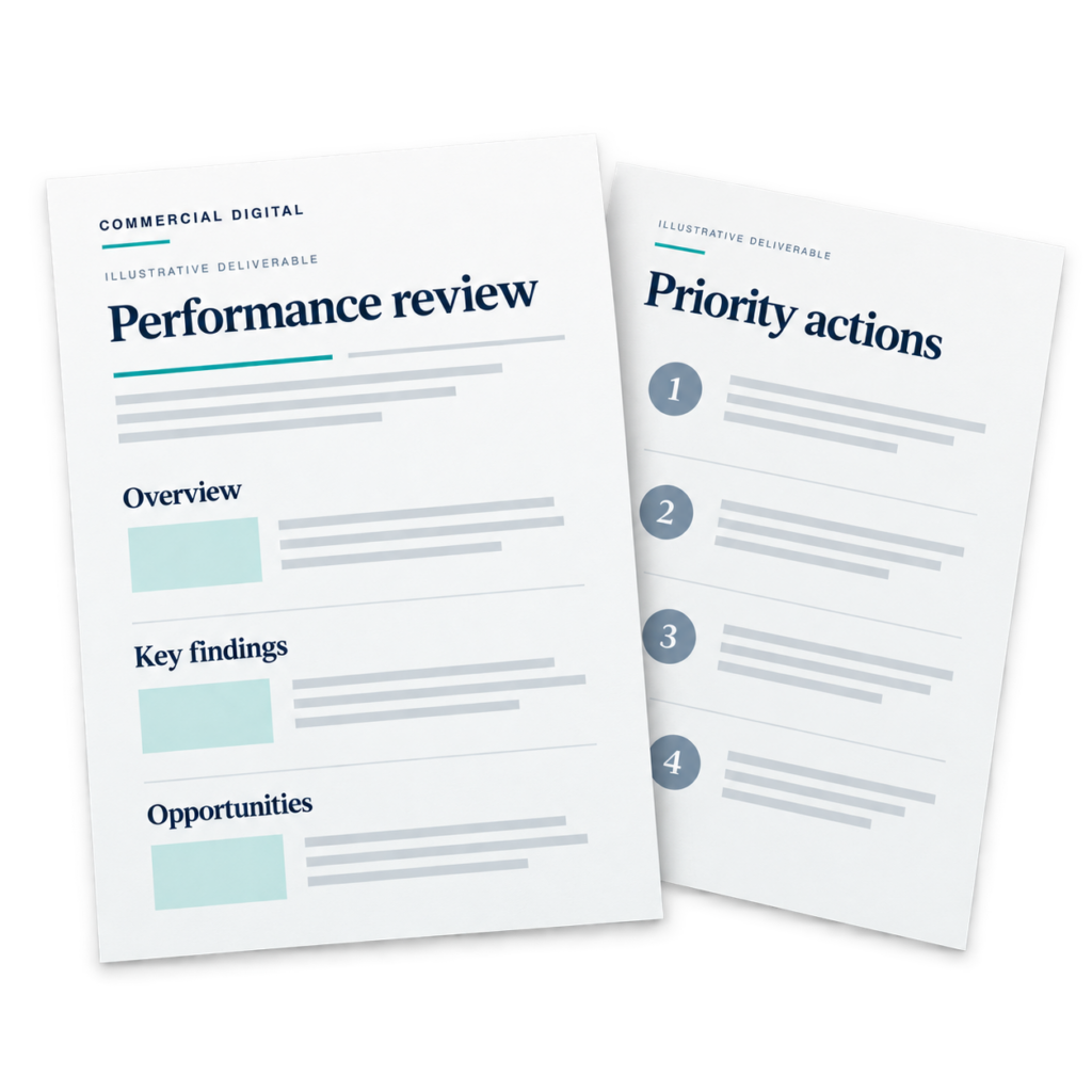 Illustrative performance review and prioritised action plan documents.