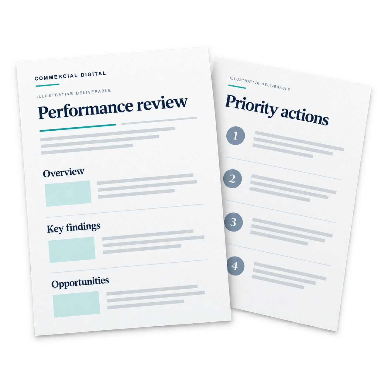 Illustrative performance review and prioritised action plan documents.