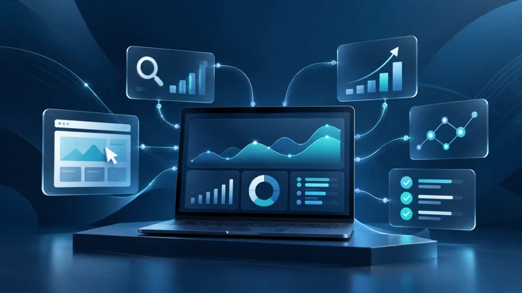 Digital performance dashboard connecting website, search, analytics and prioritised actions